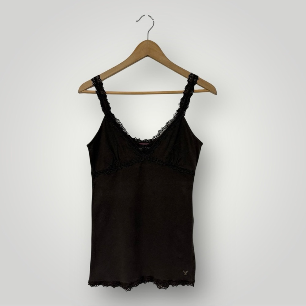 Vintage Y2K Women American Eagle Babydoll Cami Top Size M Lace Trim Grunge Brown